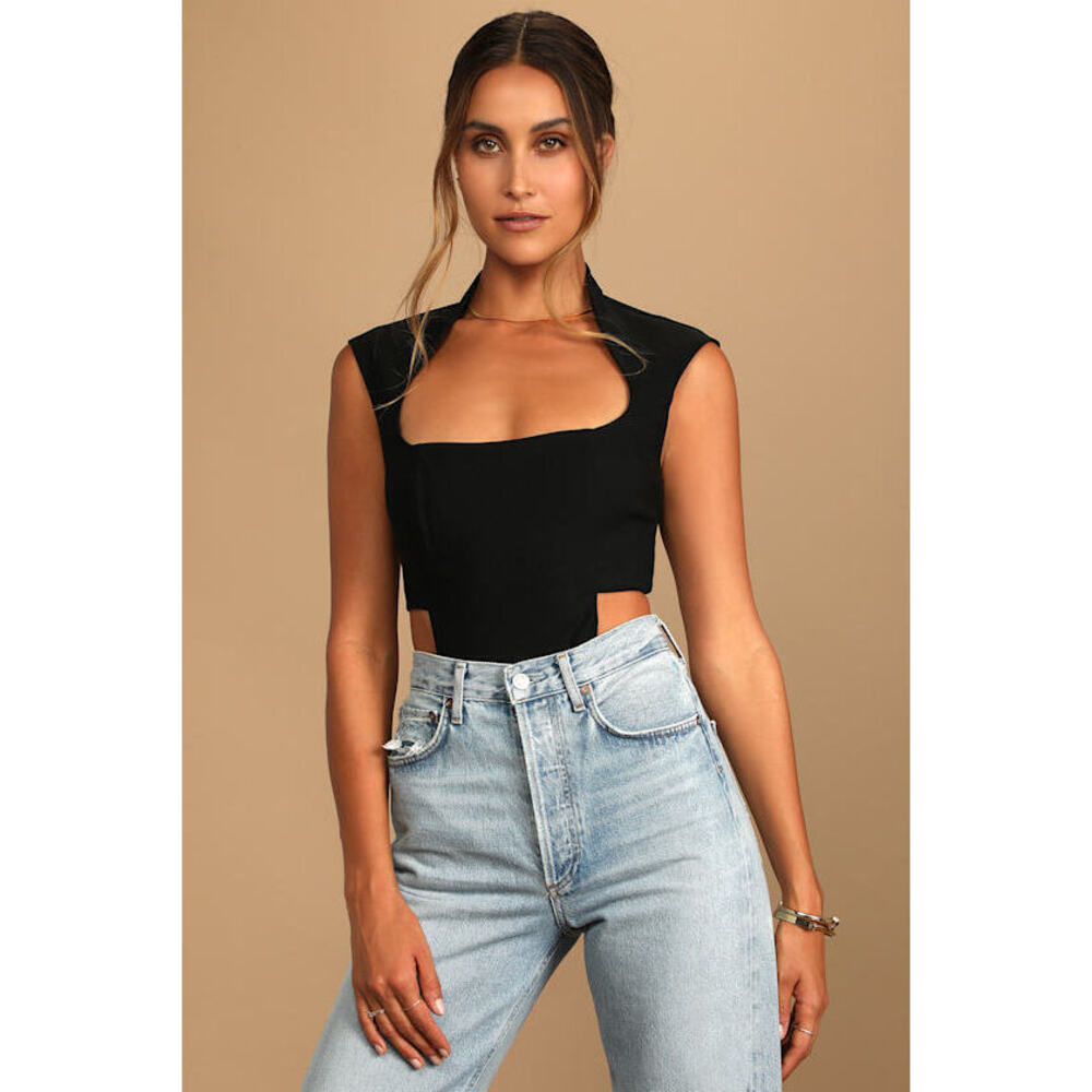 Lulus Plenty To Love Black Square Neck Sleeveless Cutout Bodysuit - Size S
